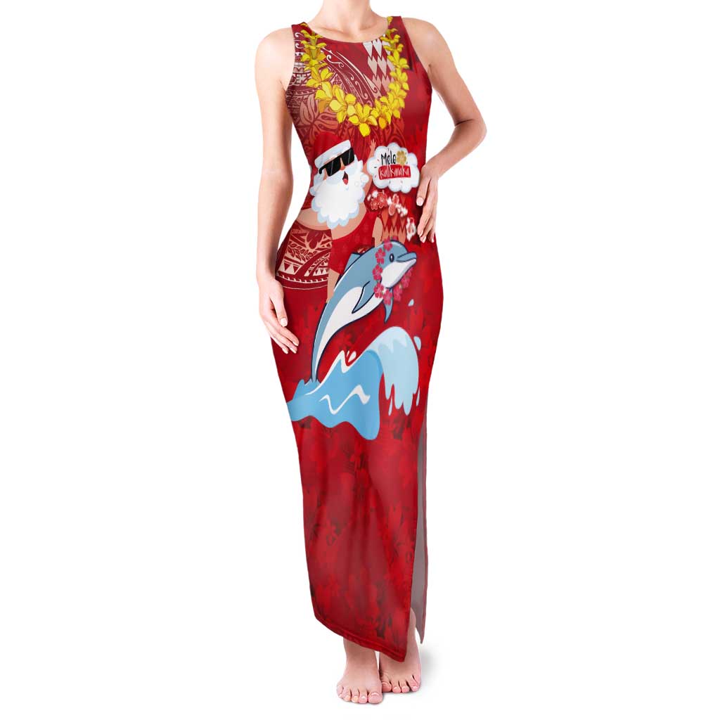 Hawaiian Mele Kalikimaka Tank Maxi Dress Funny Santa Riding Lei Dolphin with Kakau Tattoos - Polynesian Pride