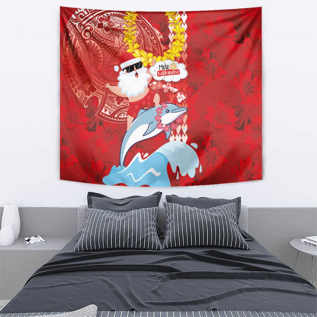Hawaiian Mele Kalikimaka Tapestry Funny Santa Riding Lei Dolphin with Kakau Tattoos - Polynesian Pride