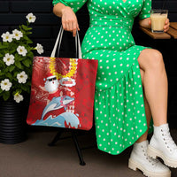 Hawaiian Mele Kalikimaka Tote Bag Funny Santa Riding Lei Dolphin with Kakau Tattoos - Polynesian Pride