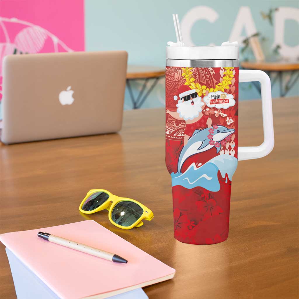 Hawaiian Mele Kalikimaka Tumbler With Handle Funny Santa Riding Lei Dolphin with Kakau Tattoos - Polynesian Pride