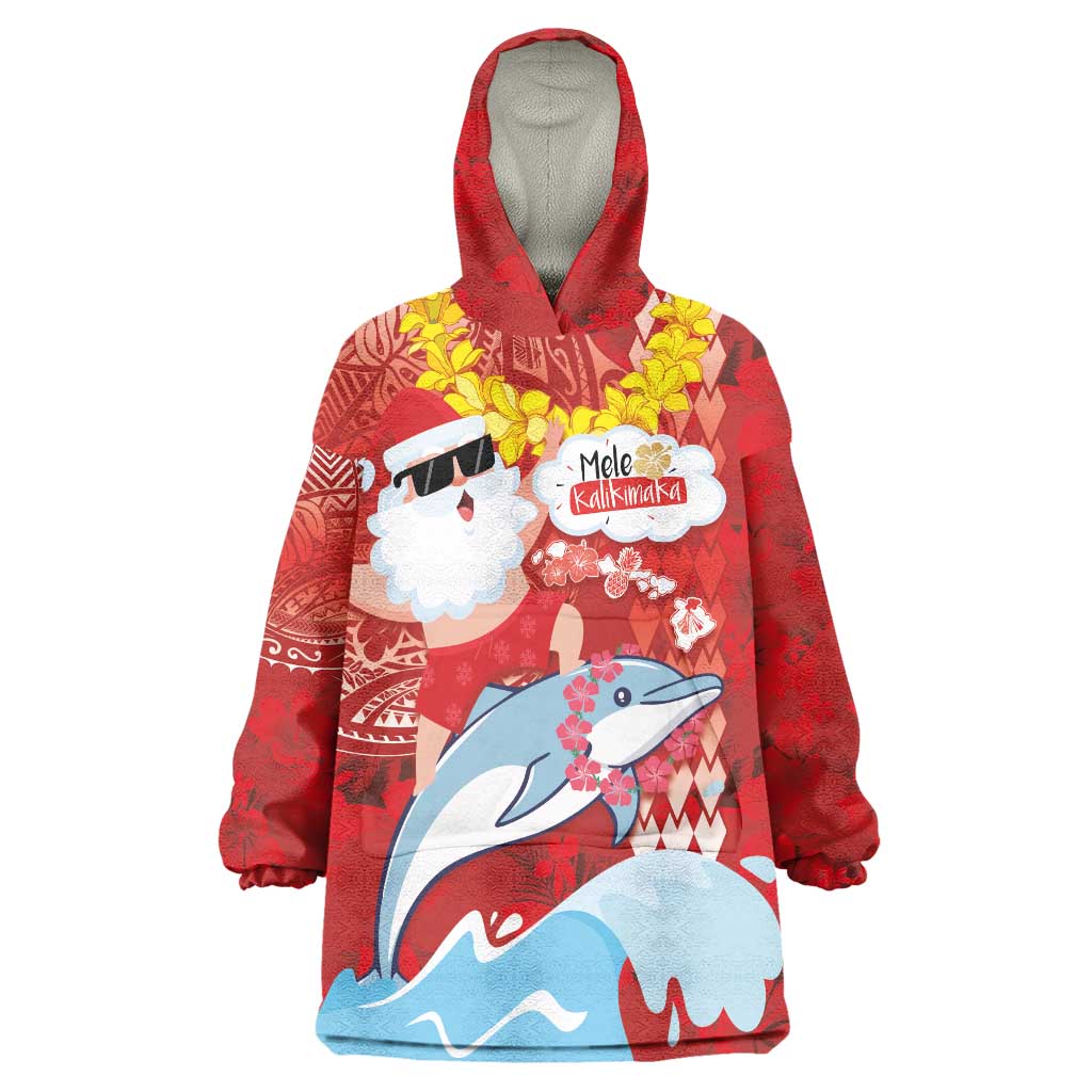 Hawaiian Mele Kalikimaka Wearable Blanket Hoodie Funny Santa Riding Lei Dolphin with Kakau Tattoos - Polynesian Pride