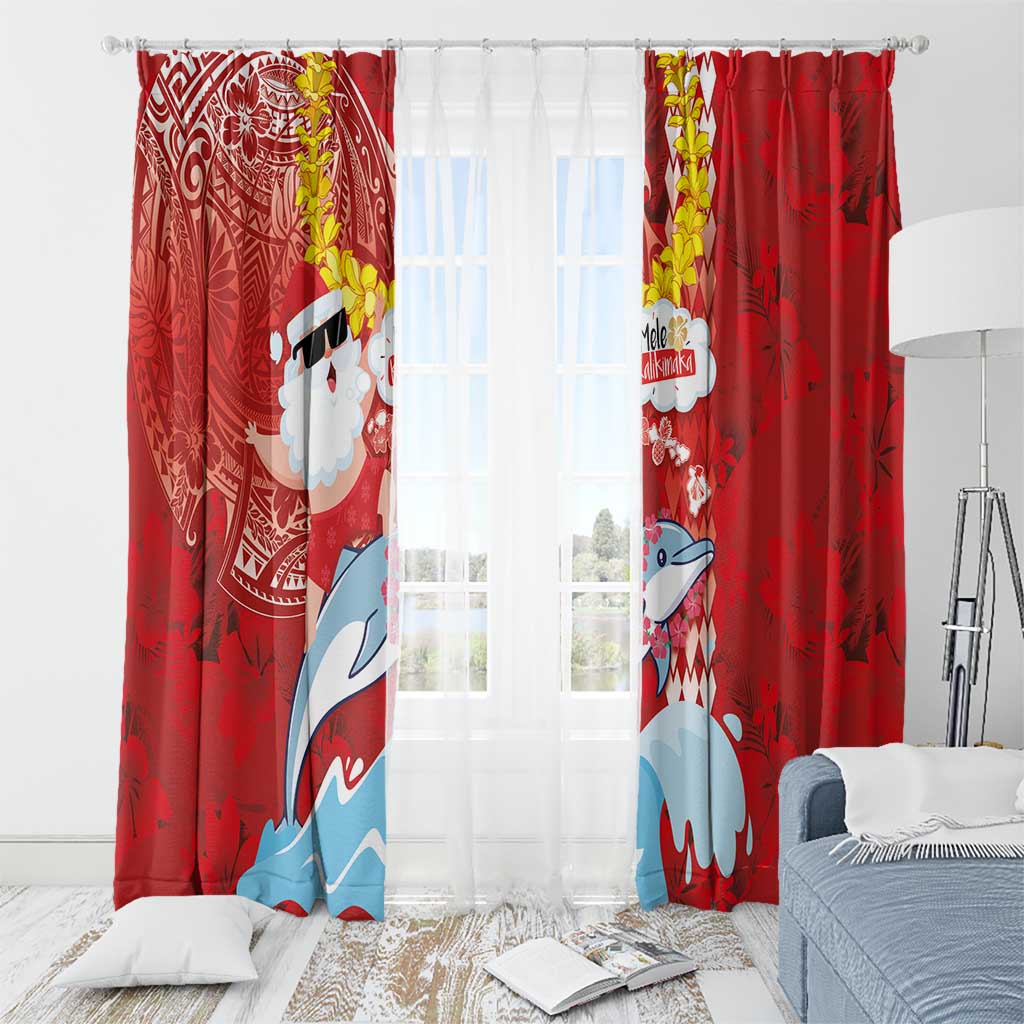 Hawaiian Mele Kalikimaka Window Curtain Funny Santa Riding Lei Dolphin with Kakau Tattoos - Polynesian Pride