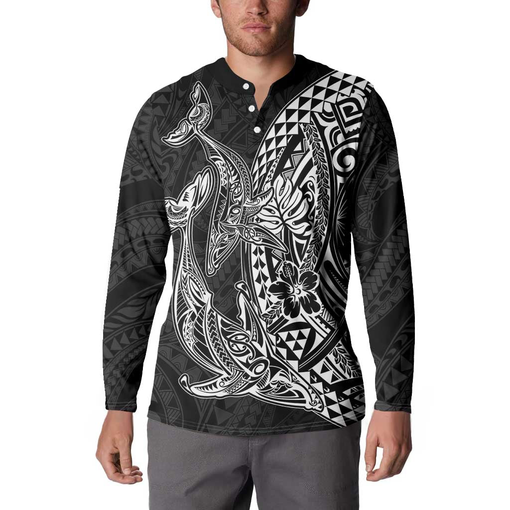 Hawaiian Whales Polynesian Art Motifs Button Sweatshirt Black Color - Polynesian Pride