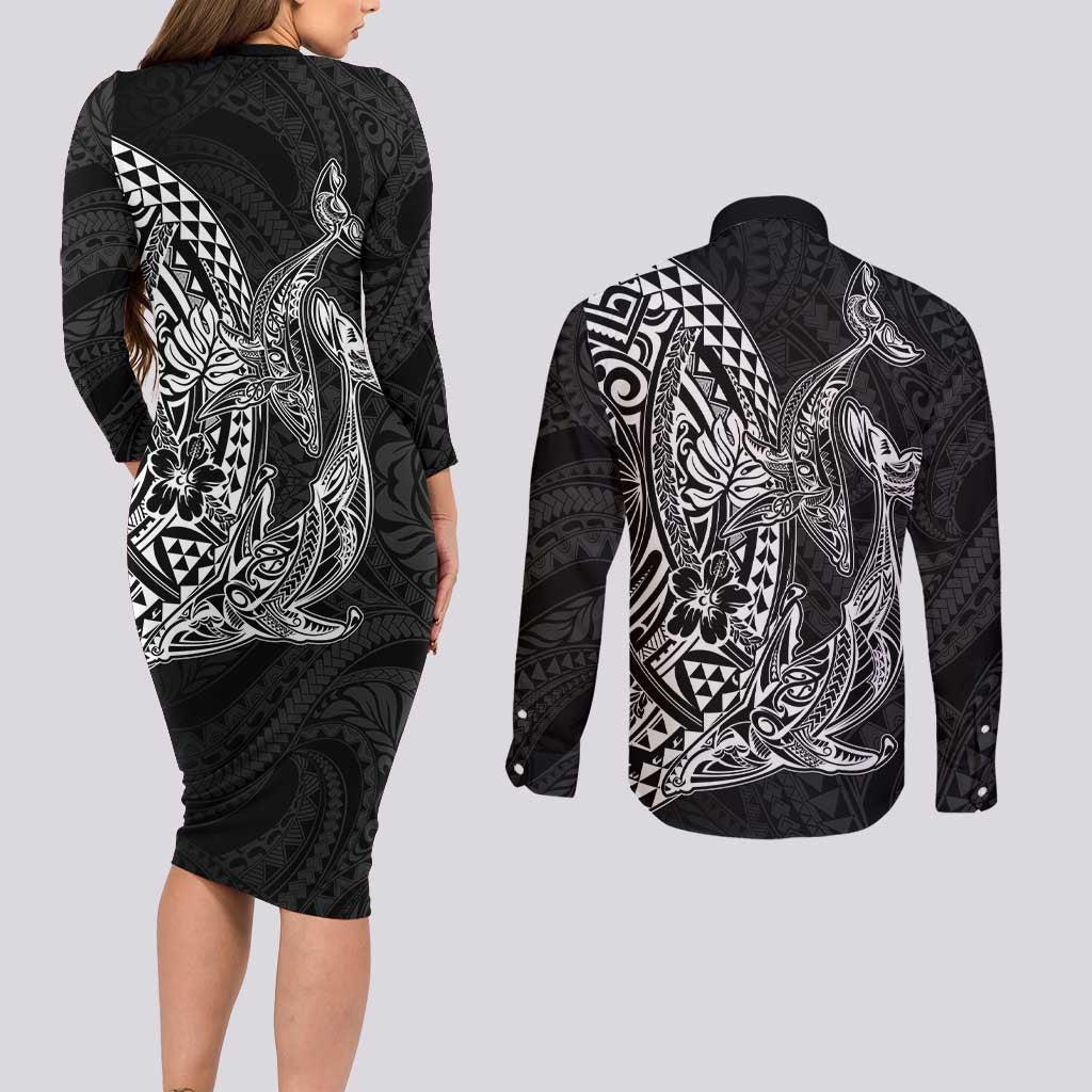 Hawaiian Whales Polynesian Art Motifs Couples Matching Long Sleeve Bodycon Dress and Long Sleeve Button Shirt Black Color LT03 - Polynesian Pride