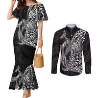 Hawaiian Whales Polynesian Art Motifs Couples Matching Mermaid Dress and Long Sleeve Button Shirt Black Color LT03 Black - Polynesian Pride