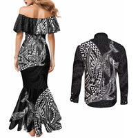 Hawaiian Whales Polynesian Art Motifs Couples Matching Mermaid Dress and Long Sleeve Button Shirt Black Color LT03 - Polynesian Pride