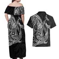 Hawaiian Whales Polynesian Art Motifs Couples Matching Off Shoulder Maxi Dress and Hawaiian Shirt Black Color LT03 - Polynesian Pride
