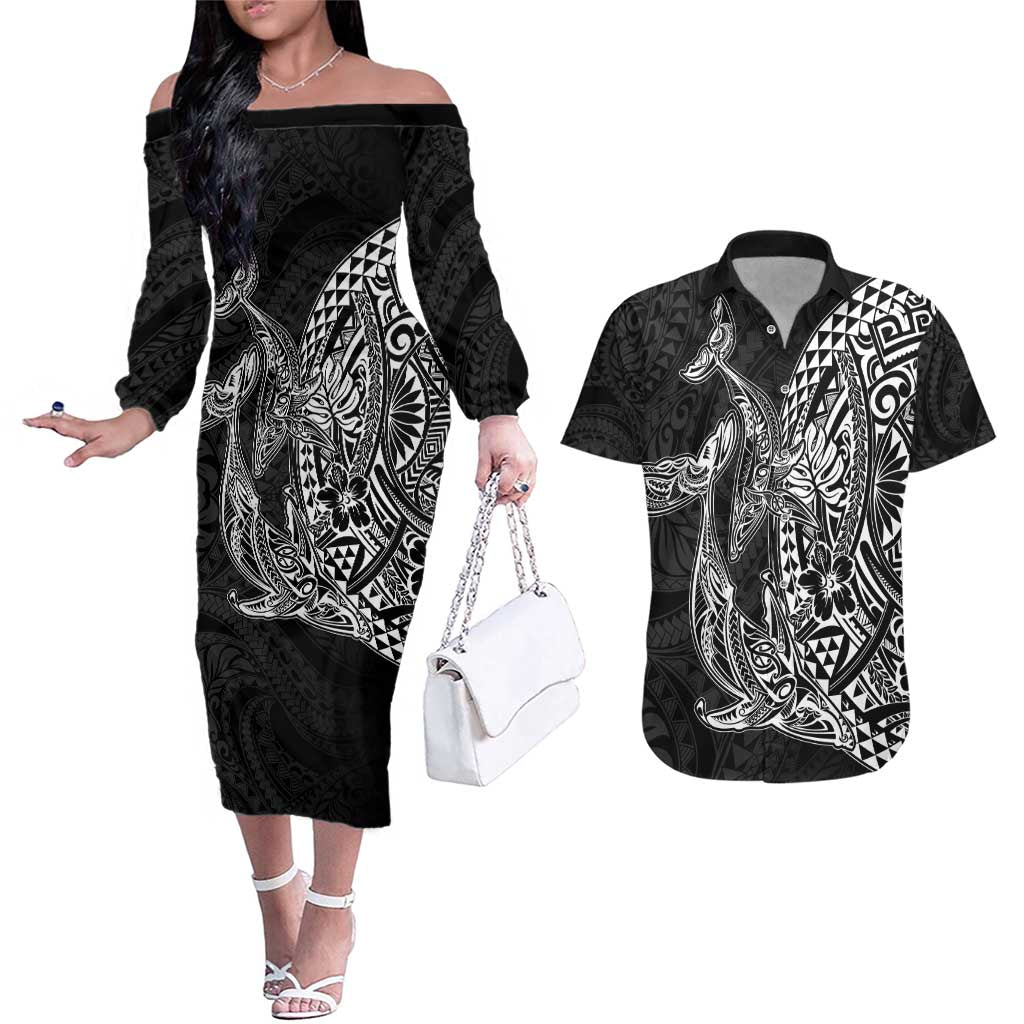 Hawaiian Whales Polynesian Art Motifs Couples Matching Off The Shoulder Long Sleeve Dress and Hawaiian Shirt Black Color - Polynesian Pride