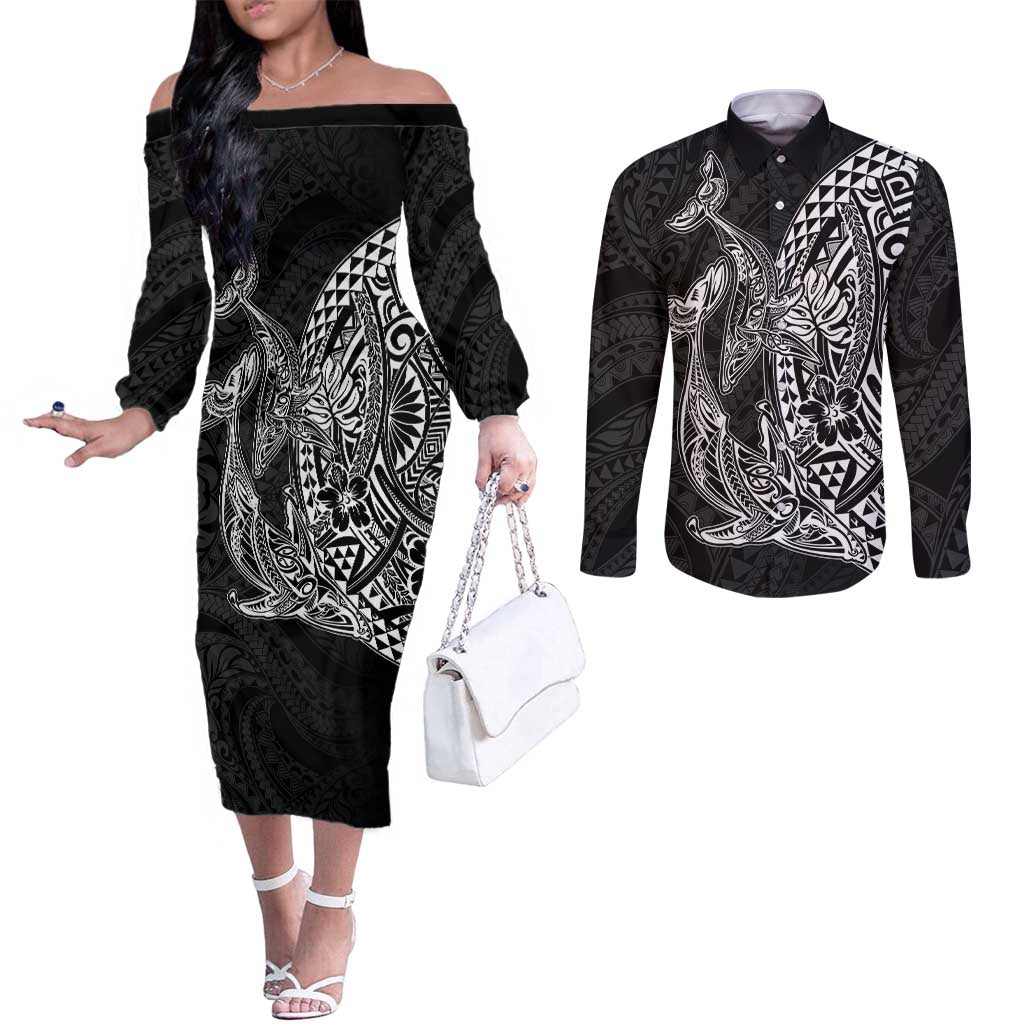 Hawaiian Whales Polynesian Art Motifs Couples Matching Off The Shoulder Long Sleeve Dress and Long Sleeve Button Shirt Black Color LT03 Black - Polynesian Pride