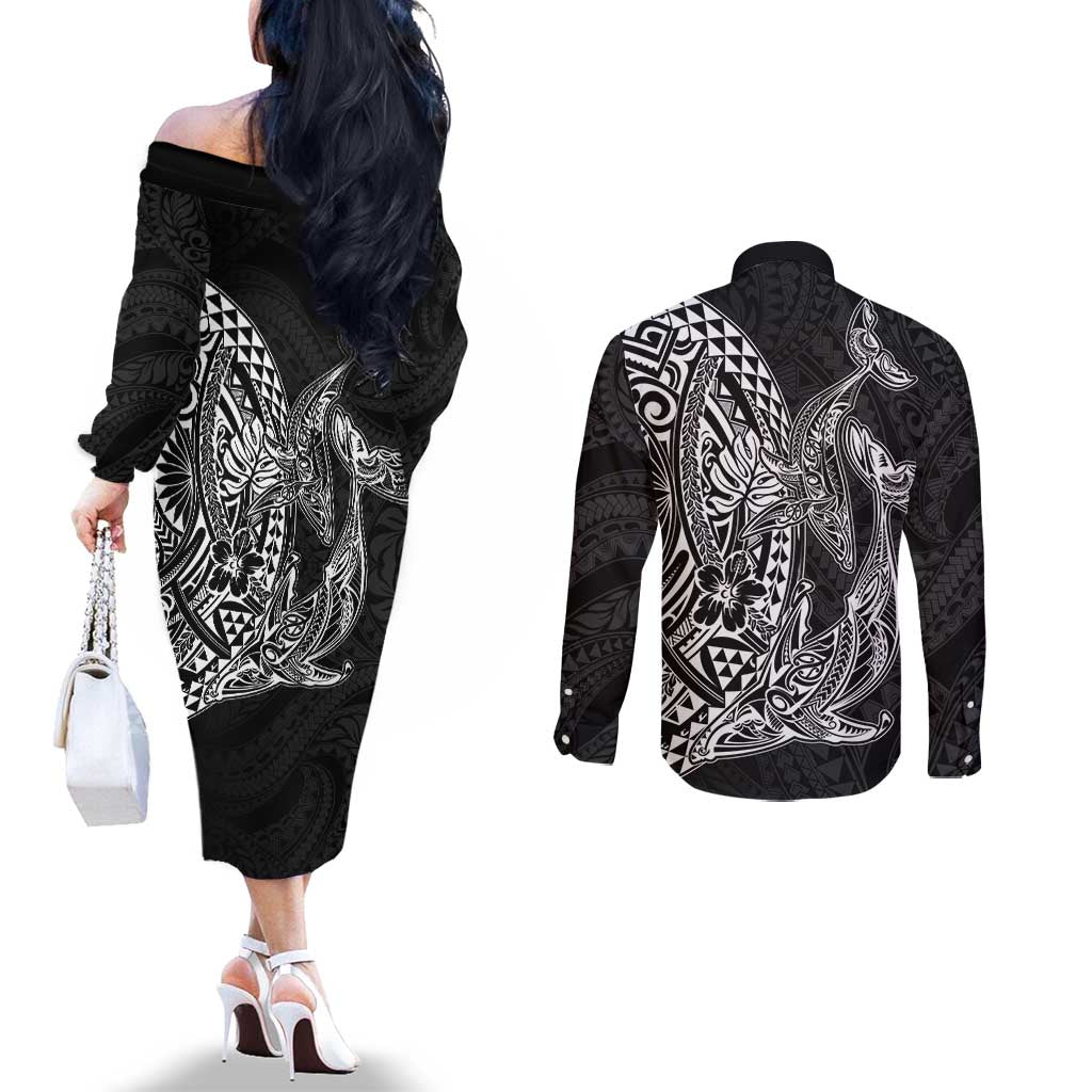 Hawaiian Whales Polynesian Art Motifs Couples Matching Off The Shoulder Long Sleeve Dress and Long Sleeve Button Shirt Black Color LT03 - Polynesian Pride