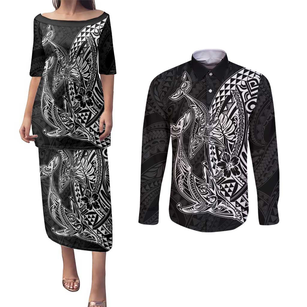 Hawaiian Whales Polynesian Art Motifs Couples Matching Puletasi and Long Sleeve Button Shirt Black Color - Polynesian Pride