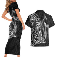 Hawaiian Whales Polynesian Art Motifs Couples Matching Short Sleeve Bodycon Dress and Hawaiian Shirt Black Color LT03 - Polynesian Pride