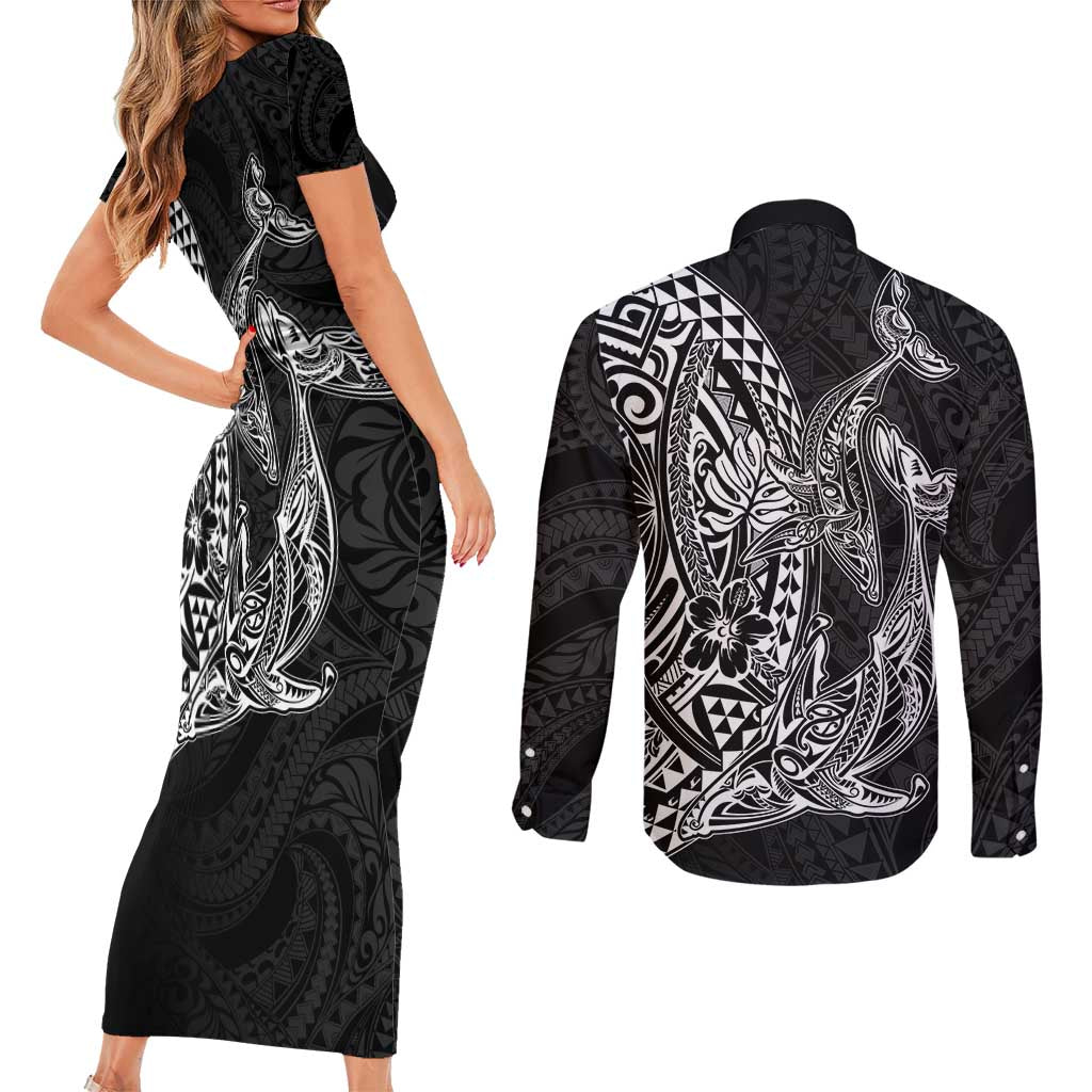 Hawaiian Whales Polynesian Art Motifs Couples Matching Short Sleeve Bodycon Dress and Long Sleeve Button Shirt Black Color LT03 - Polynesian Pride