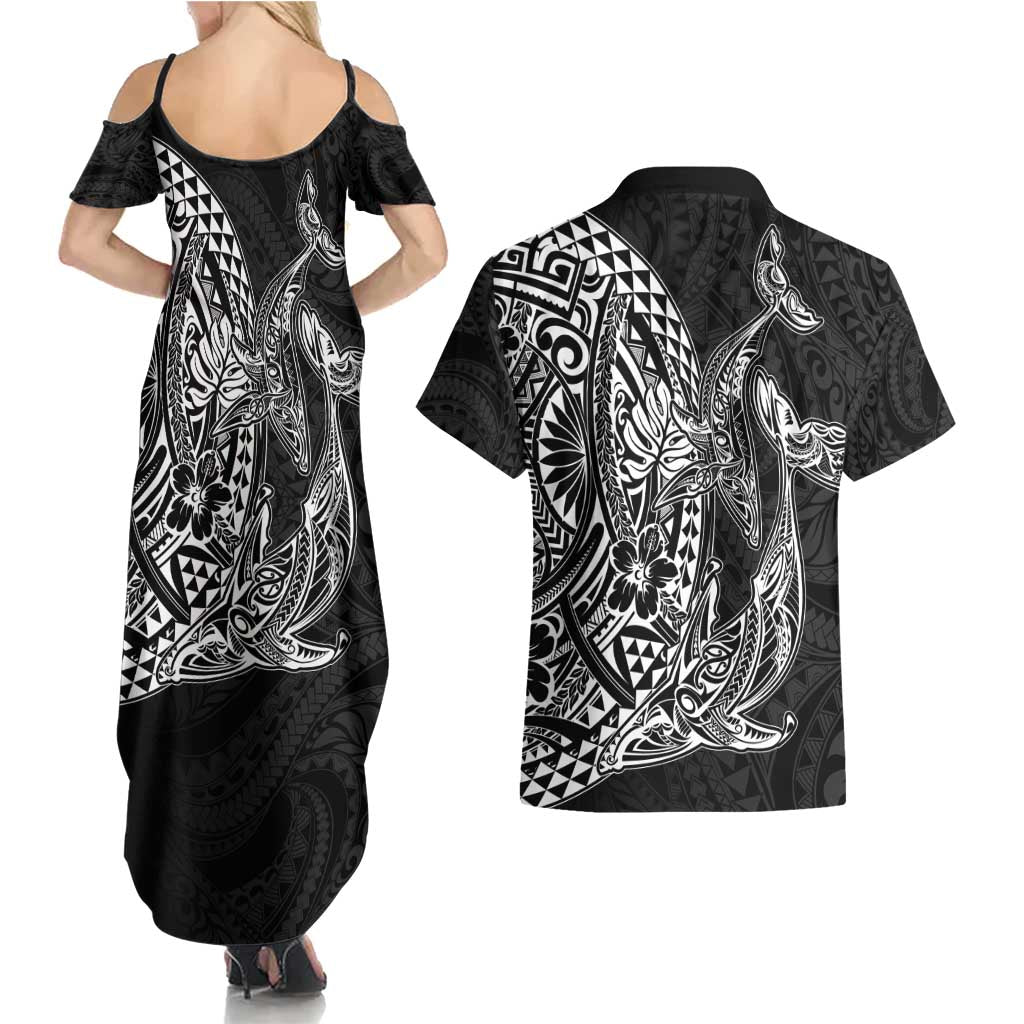 Hawaiian Whales Polynesian Art Motifs Couples Matching Summer Maxi Dress and Hawaiian Shirt Black Color LT03 - Polynesian Pride