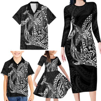 Hawaiian Whales Polynesian Art Motifs Family Matching Long Sleeve Bodycon Dress and Hawaiian Shirt Black Color - Polynesian Pride