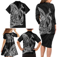 Hawaiian Whales Polynesian Art Motifs Family Matching Long Sleeve Bodycon Dress and Hawaiian Shirt Black Color - Polynesian Pride