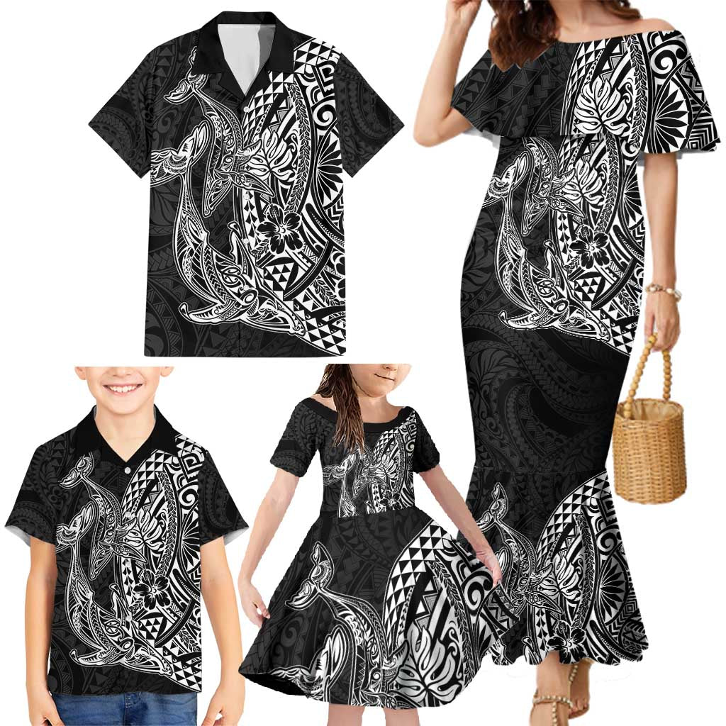 Hawaiian Whales Polynesian Art Motifs Family Matching Mermaid Dress and Hawaiian Shirt Black Color - Polynesian Pride