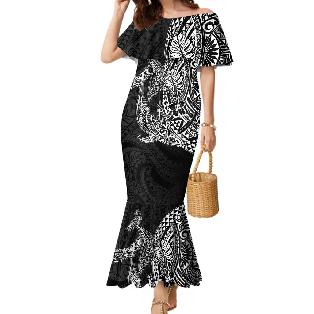 Hawaiian Whales Polynesian Art Motifs Family Matching Mermaid Dress and Hawaiian Shirt Black Color - Polynesian Pride