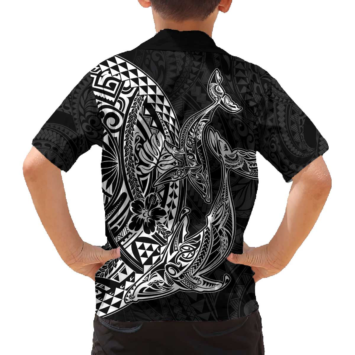 Hawaiian Whales Polynesian Art Motifs Family Matching Off The Shoulder Long Sleeve Dress and Hawaiian Shirt Black Color - Polynesian Pride