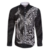 Hawaiian Whales Polynesian Art Motifs Family Matching Off The Shoulder Long Sleeve Dress and Hawaiian Shirt Black Color - Polynesian Pride