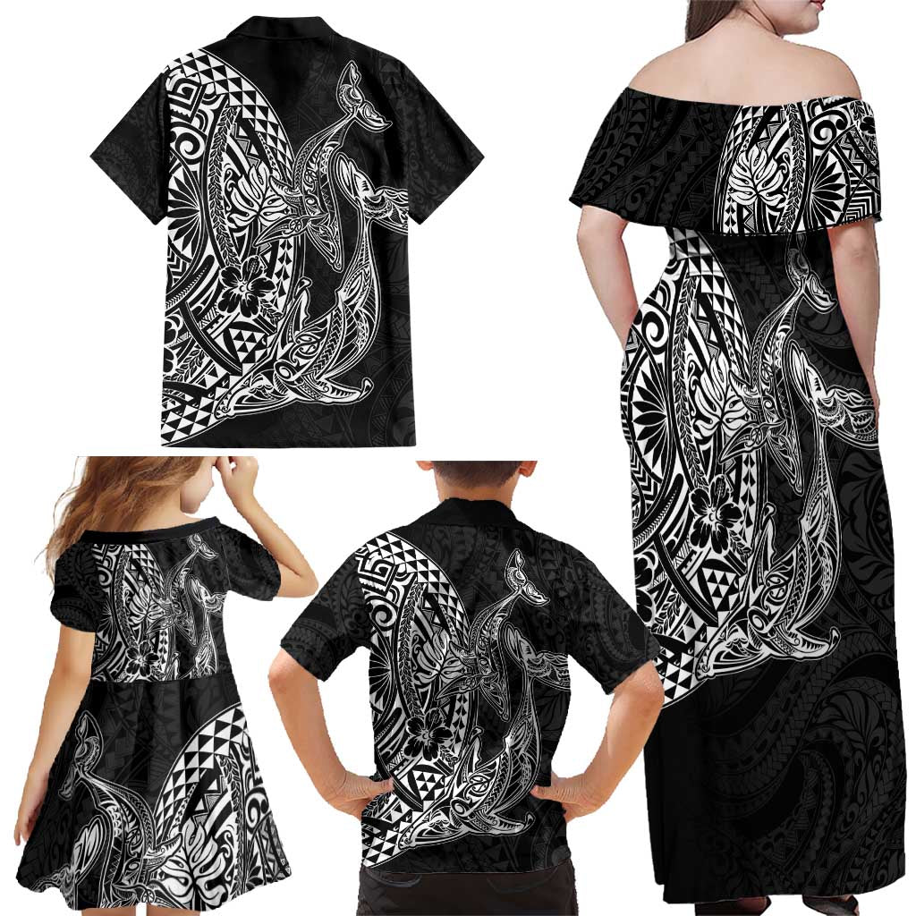 Hawaiian Whales Polynesian Art Motifs Family Matching Off Shoulder Maxi Dress and Hawaiian Shirt Black Color - Polynesian Pride