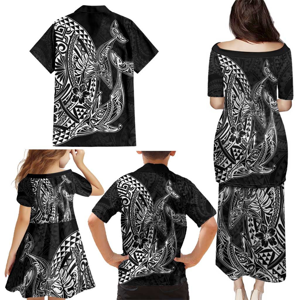 Hawaiian Whales Polynesian Art Motifs Family Matching Puletasi and Hawaiian Shirt Black Color - Polynesian Pride
