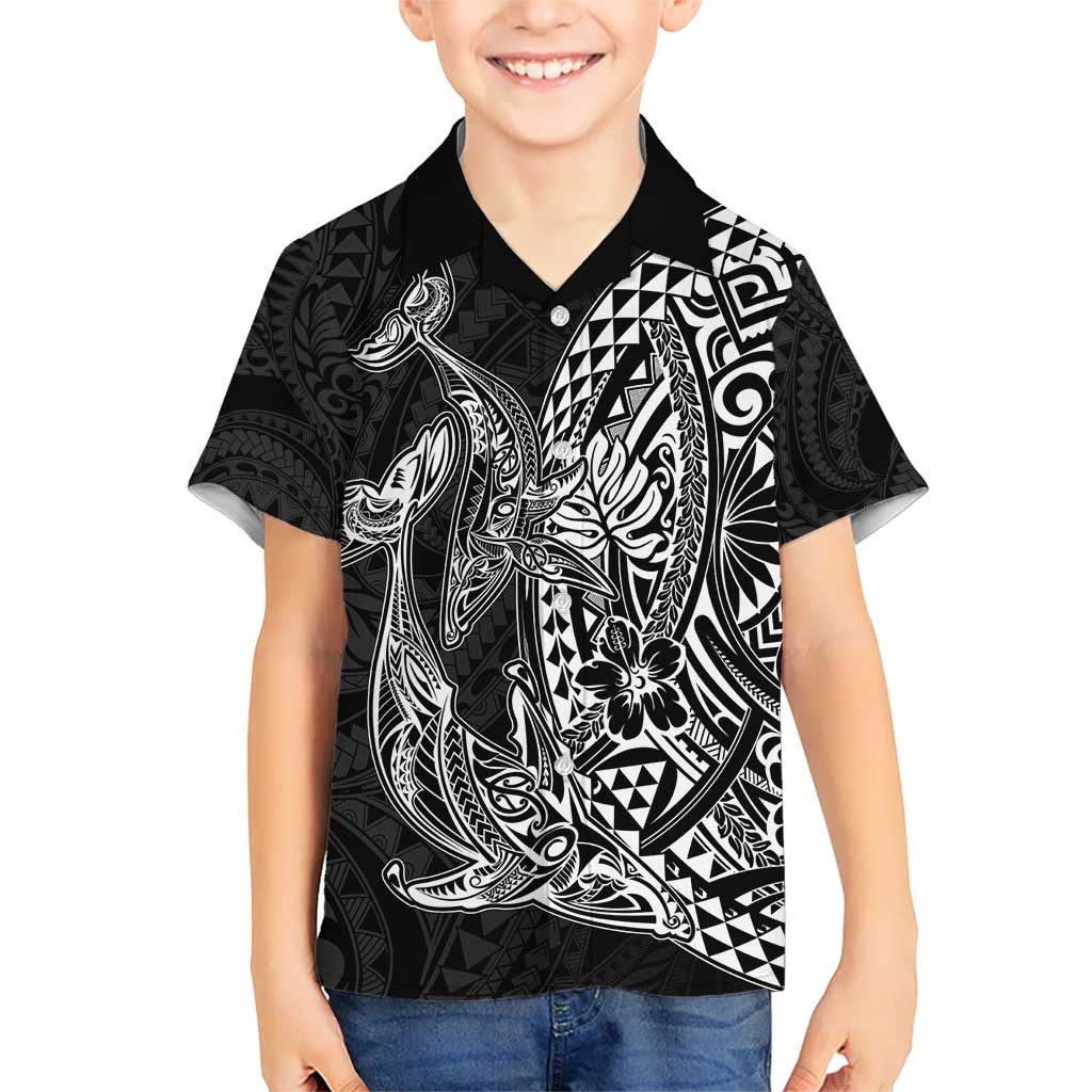Hawaiian Whales Polynesian Art Motifs Kid Hawaiian Shirt Black Color - Polynesian Pride
