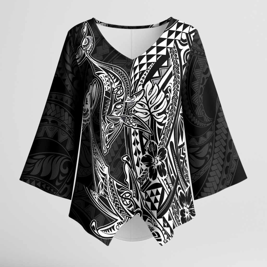 Hawaiian Whales Polynesian Art Motifs Kimono Sleeve Blouse Black Color - Polynesian Pride