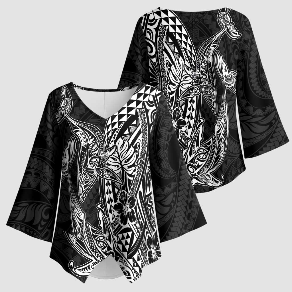 Hawaiian Whales Polynesian Art Motifs Kimono Sleeve Blouse Black Color - Polynesian Pride