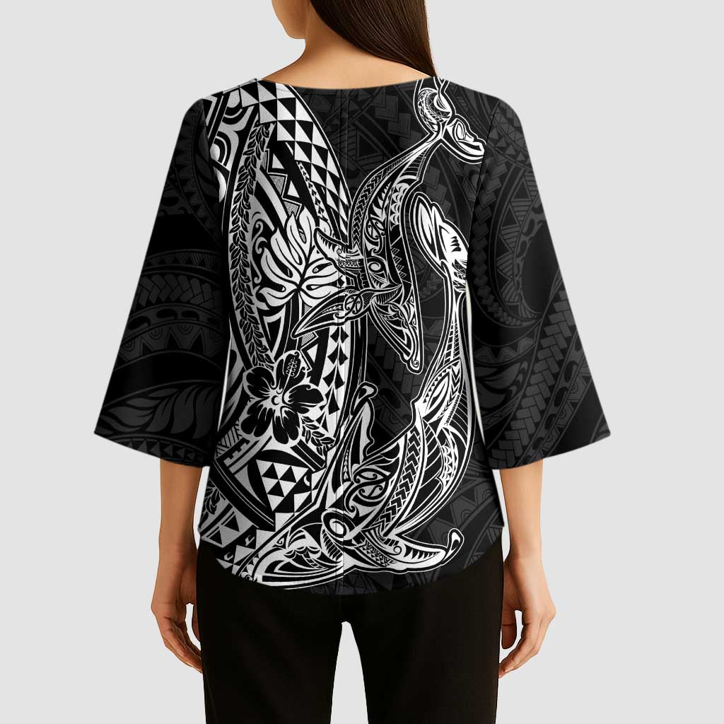 Hawaiian Whales Polynesian Art Motifs Kimono Sleeve Blouse Black Color - Polynesian Pride