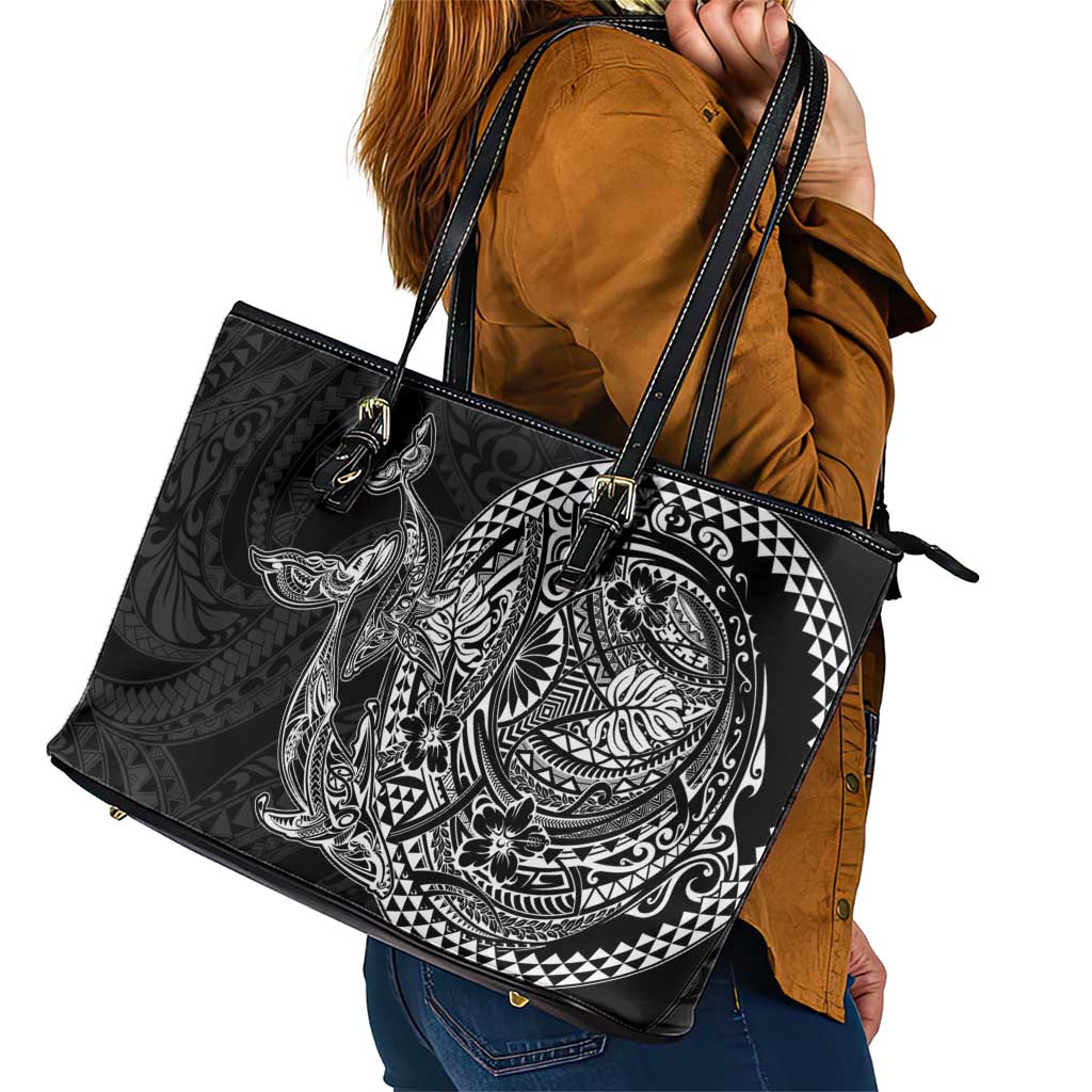 Hawaiian Whales Polynesian Art Motifs Leather Tote Bag Black Color - Polynesian Pride