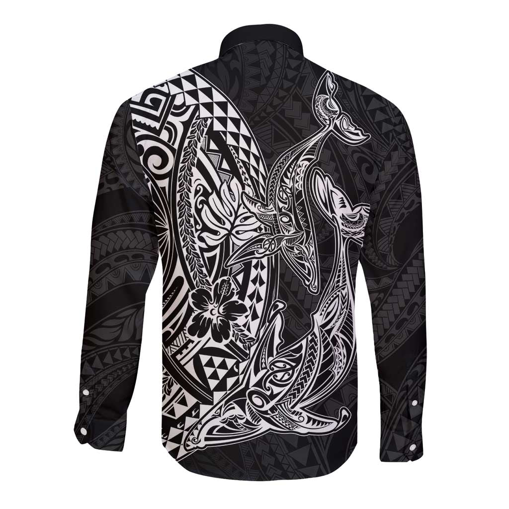 Hawaiian Whales Polynesian Art Motifs Long Sleeve Button Shirt Black Color - Polynesian Pride