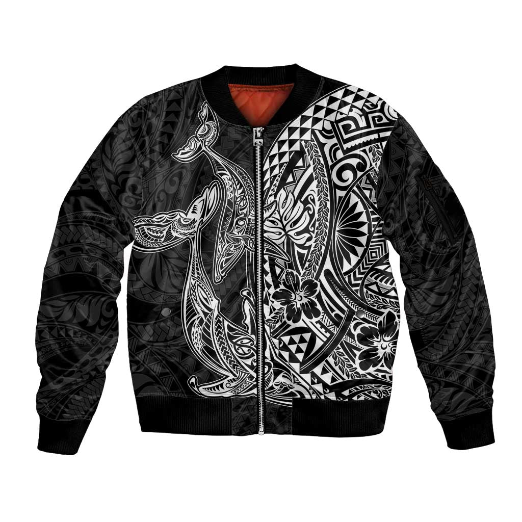 Hawaiian Whales Polynesian Art Motifs Sleeve Zip Bomber Jacket Black Color - Polynesian Pride