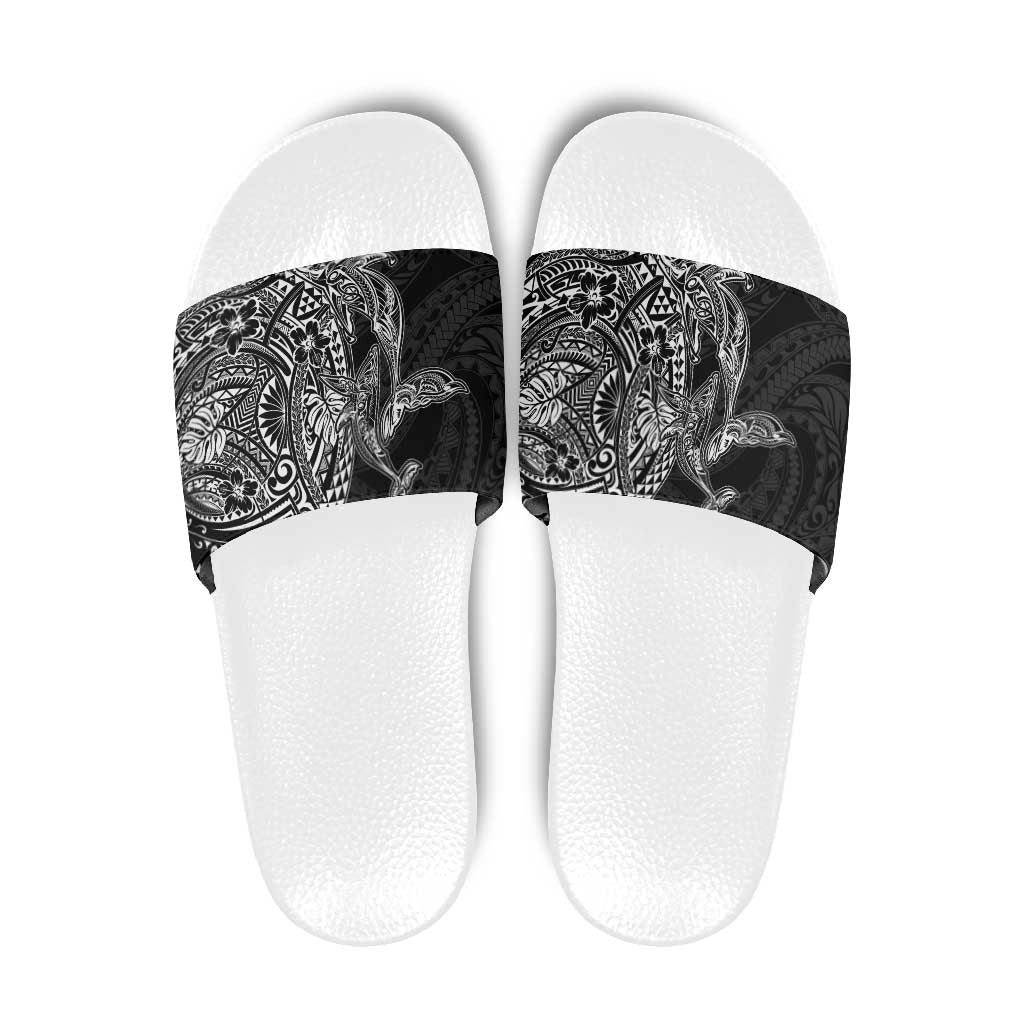 Hawaiian Whales Polynesian Art Motifs Slide Sandals Black Color - Polynesian Pride