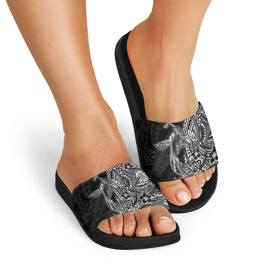 Hawaiian Whales Polynesian Art Motifs Slide Sandals Black Color - Polynesian Pride