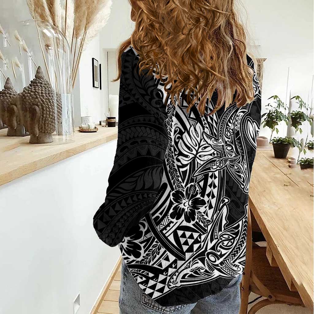 Hawaiian Whales Polynesian Art Motifs Women Casual Shirt Black Color - Polynesian Pride
