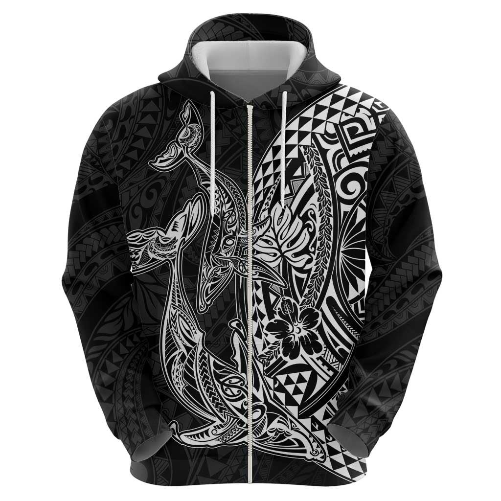 Hawaiian Whales Polynesian Art Motifs Zip Hoodie Black Color - Polynesian Pride