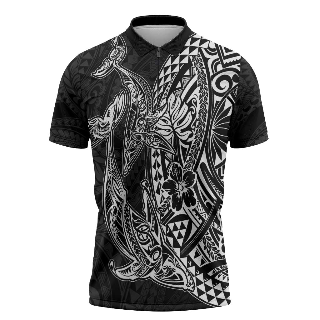 Hawaiian Whales Polynesian Art Motifs Zipper Polo Shirt Black Color - Polynesian Pride
