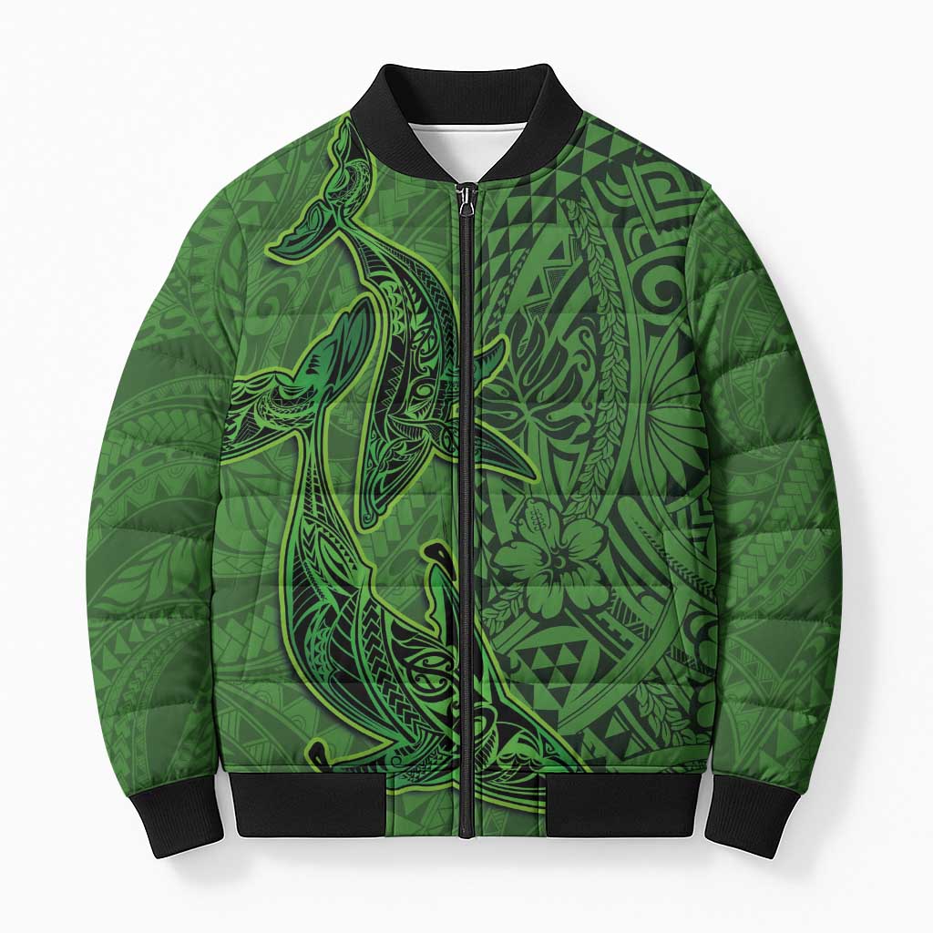 Hawaiian Whales Polynesian Art Motifs Bomber Puffer Jacket Green Color - Polynesian Pride