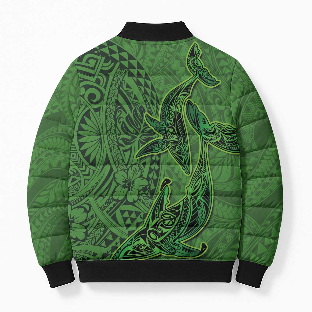 Hawaiian Whales Polynesian Art Motifs Bomber Puffer Jacket Green Color - Polynesian Pride