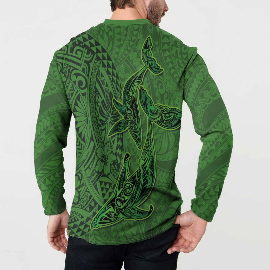 Hawaiian Whales Polynesian Art Motifs Button Sweatshirt Green Color - Polynesian Pride
