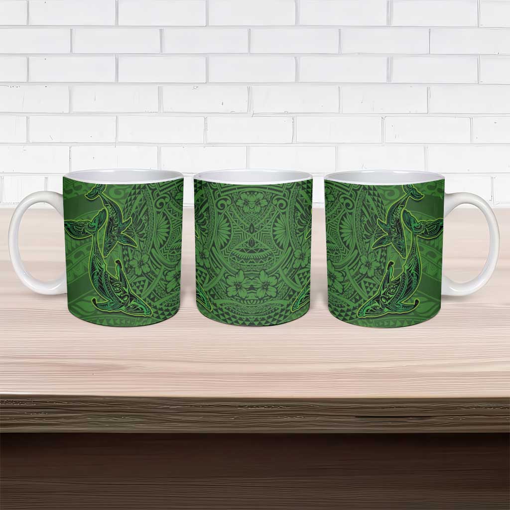 Hawaiian Whales Polynesian Art Motifs Ceramic Mug Green Color - Polynesian Pride