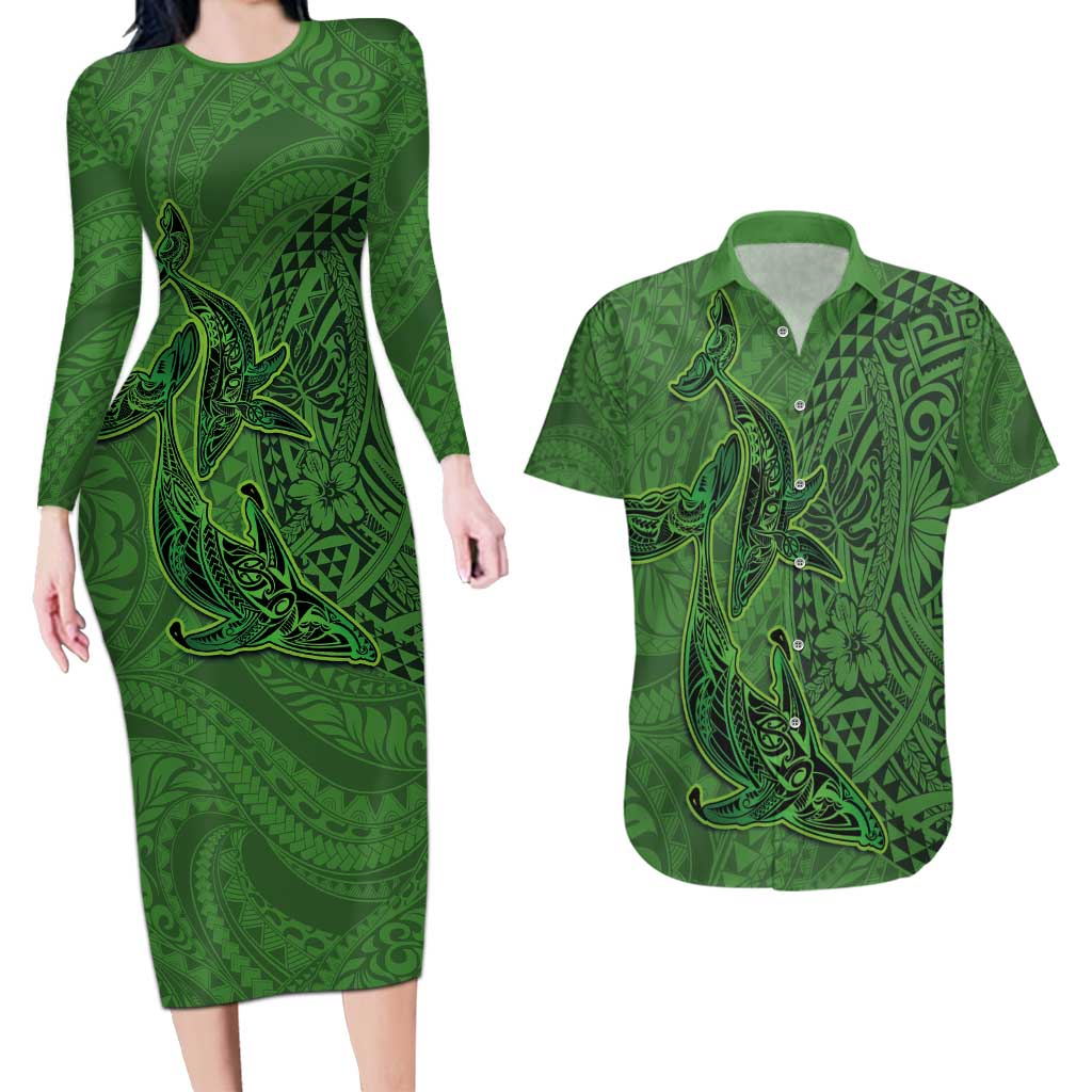 Hawaiian Whales Polynesian Art Motifs Couples Matching Long Sleeve Bodycon Dress and Hawaiian Shirt Green Color LT03 Green - Polynesian Pride