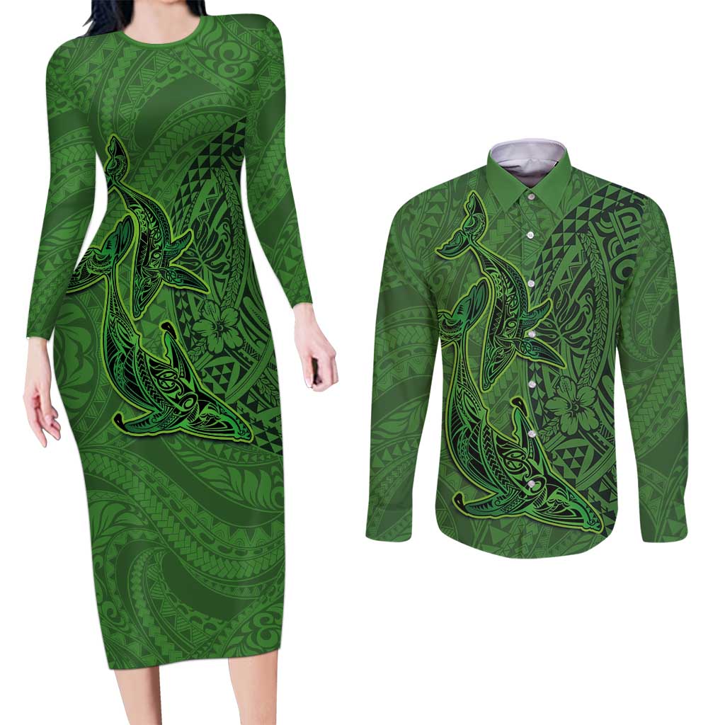 Hawaiian Whales Polynesian Art Motifs Couples Matching Long Sleeve Bodycon Dress and Long Sleeve Button Shirt Green Color LT03 Green - Polynesian Pride