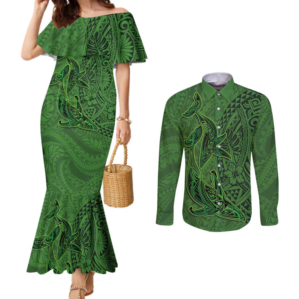 Hawaiian Whales Polynesian Art Motifs Couples Matching Mermaid Dress and Long Sleeve Button Shirt Green Color - Polynesian Pride