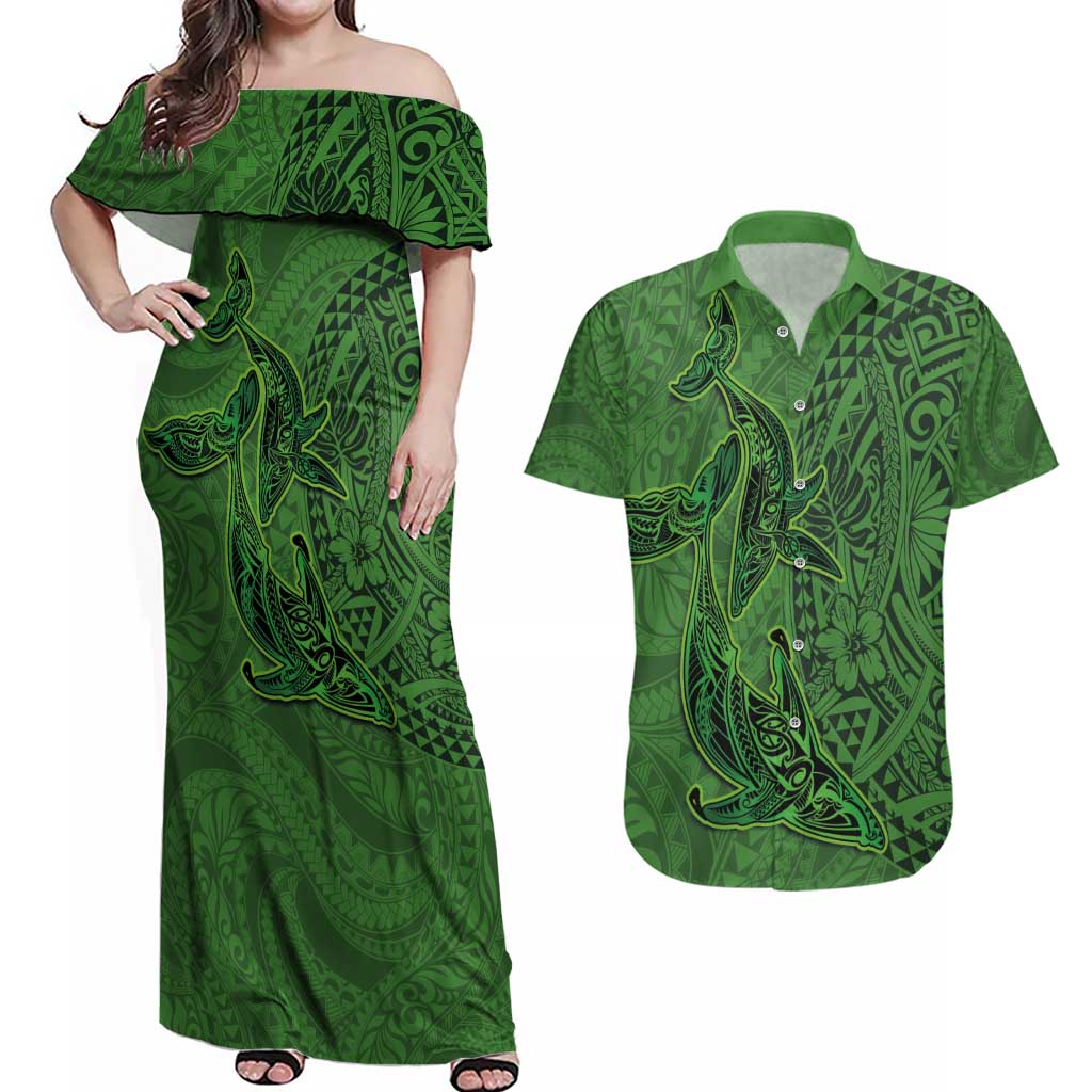 Hawaiian Whales Polynesian Art Motifs Couples Matching Off Shoulder Maxi Dress and Hawaiian Shirt Green Color LT03 Green - Polynesian Pride