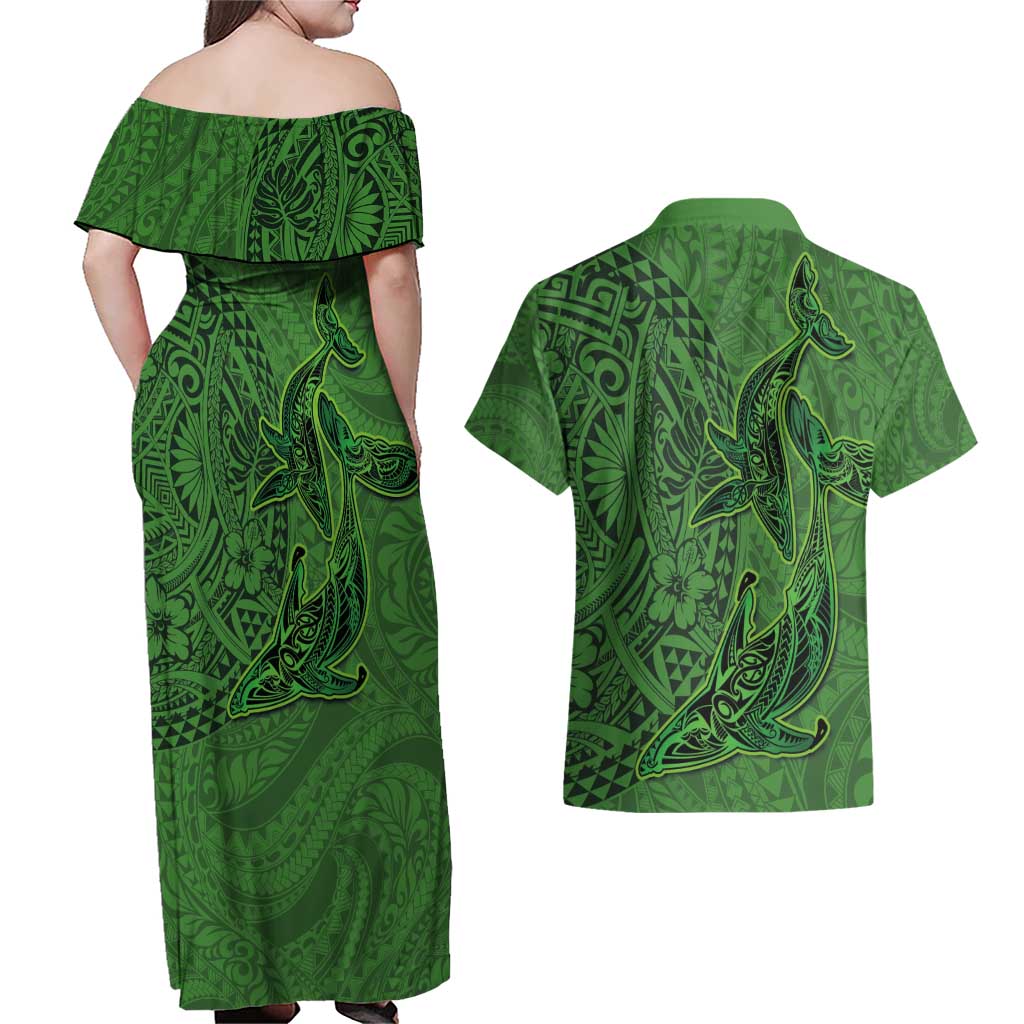 Hawaiian Whales Polynesian Art Motifs Couples Matching Off Shoulder Maxi Dress and Hawaiian Shirt Green Color LT03 - Polynesian Pride