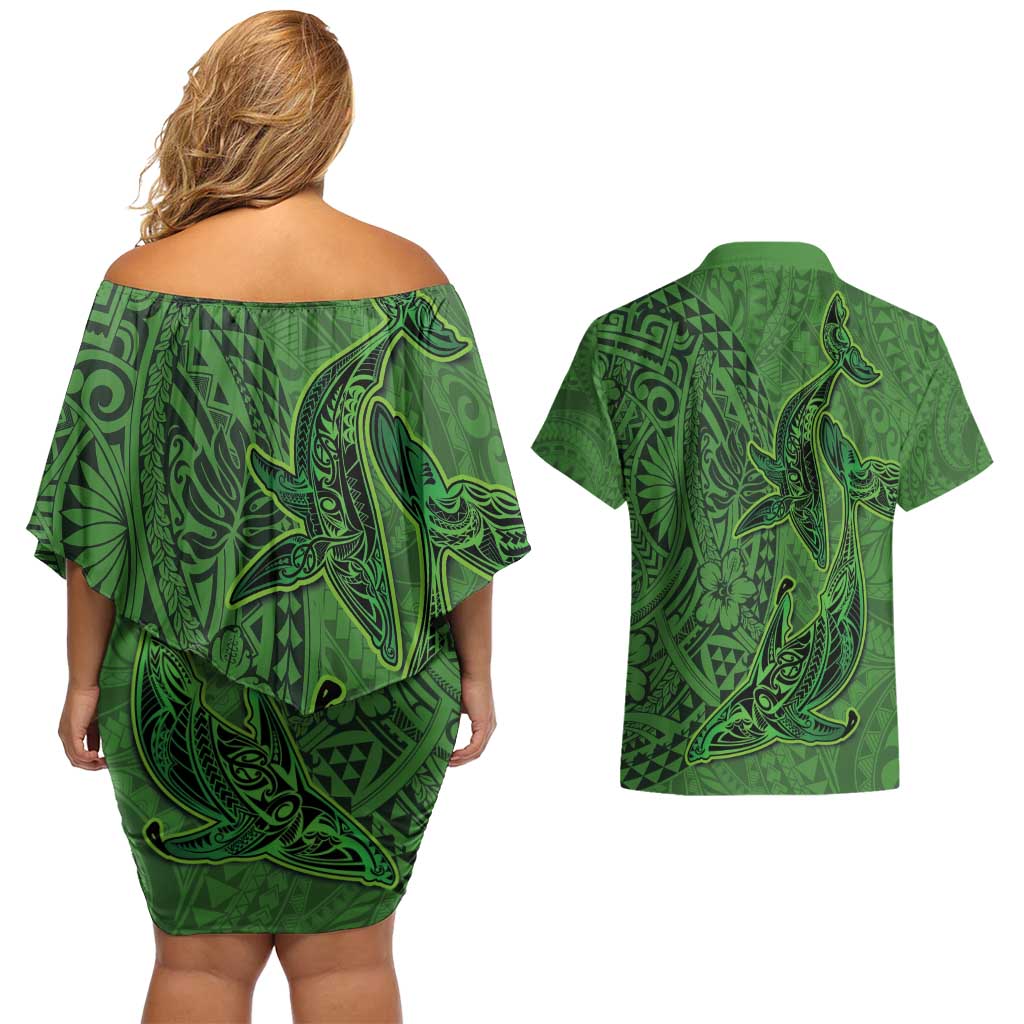 Hawaiian Whales Polynesian Art Motifs Couples Matching Off Shoulder Short Dress and Hawaiian Shirt Green Color LT03 - Polynesian Pride