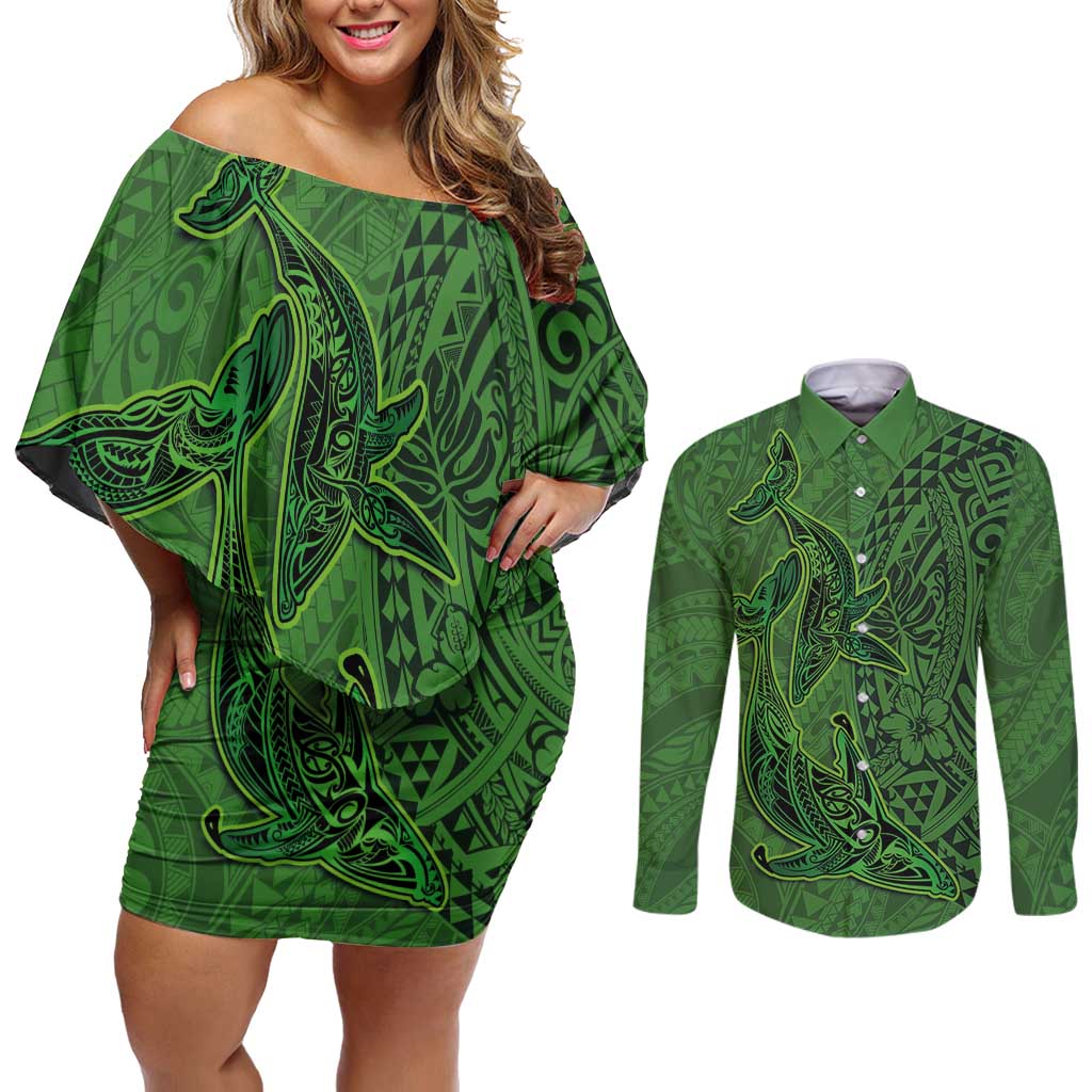 Hawaiian Whales Polynesian Art Motifs Couples Matching Off Shoulder Short Dress and Long Sleeve Button Shirt Green Color LT03 Green - Polynesian Pride