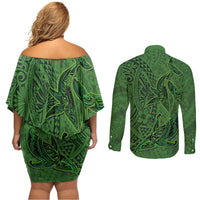 Hawaiian Whales Polynesian Art Motifs Couples Matching Off Shoulder Short Dress and Long Sleeve Button Shirt Green Color LT03 - Polynesian Pride